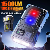 1500LM 180° Rotatable Head EDC Flashlight 8 Lighting Mode Type-C Charging LED Power Display Power Bank for Camp Hiking Emergency