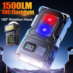 1500LM 180° Rotatable Head EDC Flashlight 8 Lighting Mode Type-C Charging LED Power Display Power Bank for Camp Hiking Emergency