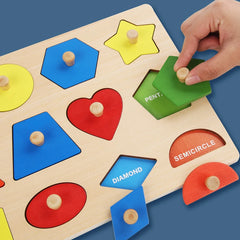 Montessori baby puzzle toys, wooden shape and color matching hand scratching board, geometric early education cognitive toys