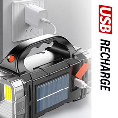 2024 Powerful LED Flashlight USB+Solar Rechargeable Flashlight COB Outdoor Camping Torch Portable Searchlight Power Bank Outdoor